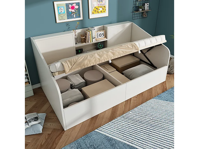 Lit banquette enfant - 90 x 200 cm - avec rangement hydraulique + 2 étagères + USB/Type-C - bois - blanc