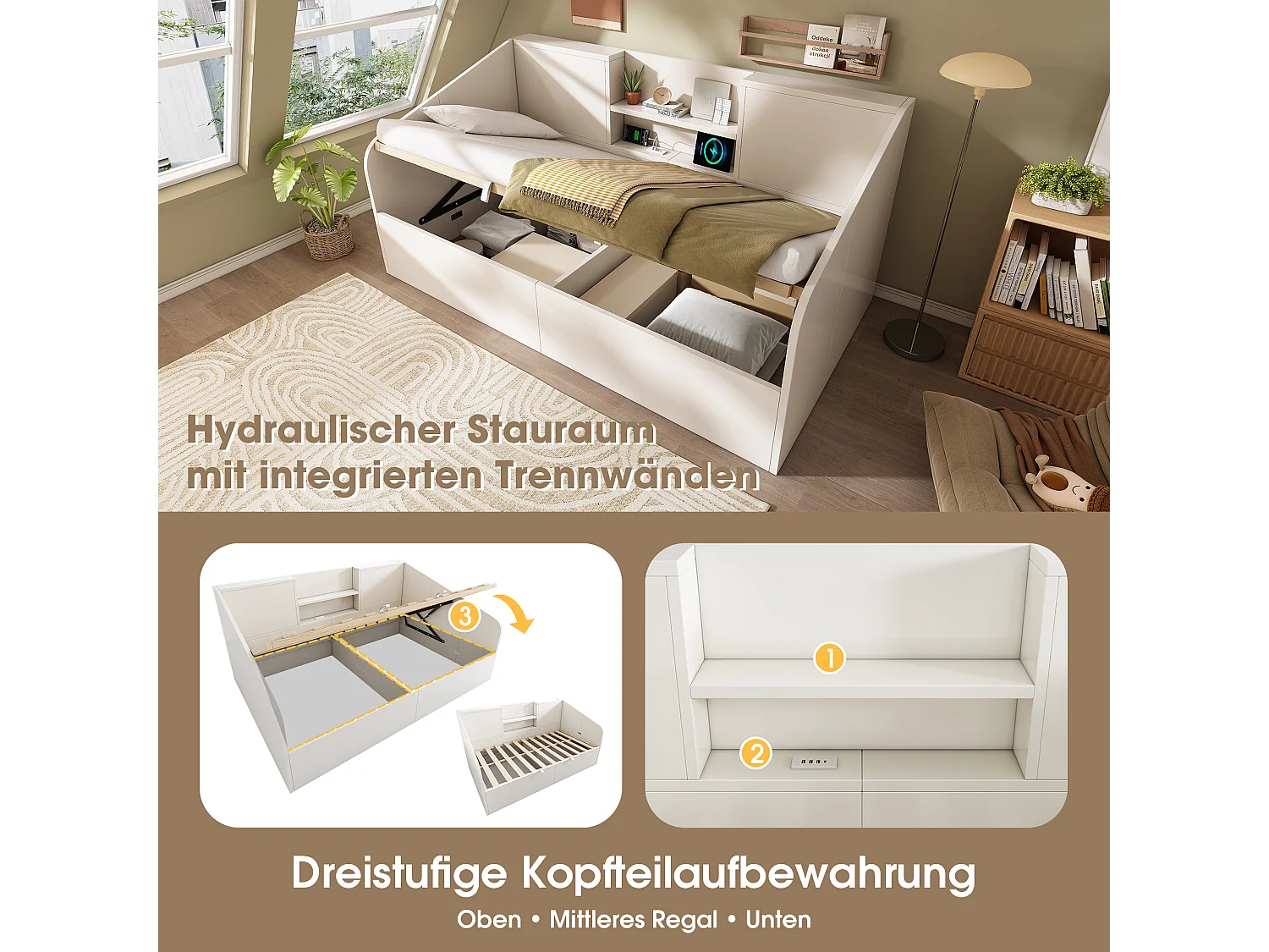 Lit banquette enfant - 90 x 190 cm - avec rangement hydraulique + 2 étagères + USB/Type-C - bois - blanc