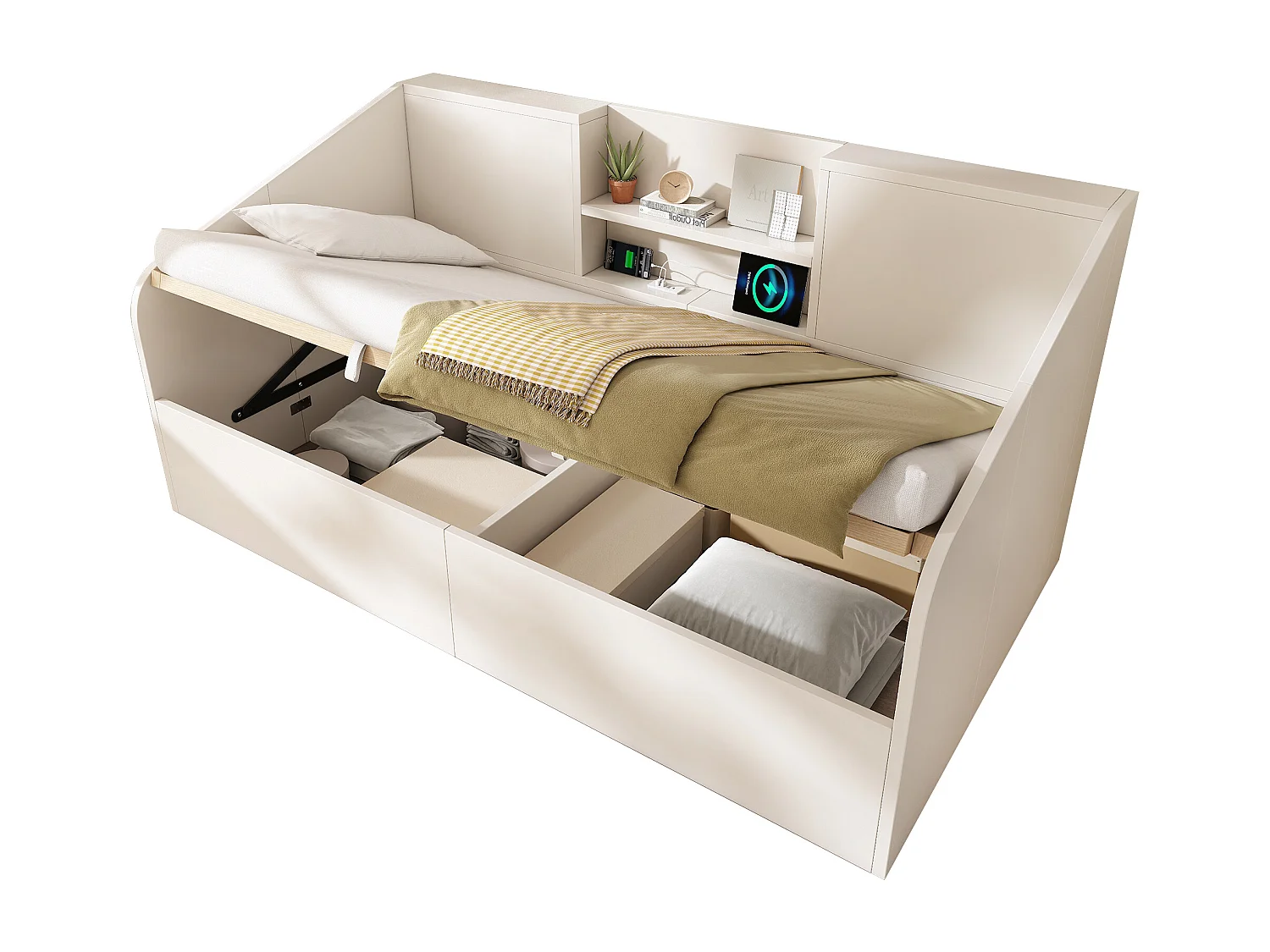 Lit banquette enfant - 90 x 190 cm - avec rangement hydraulique + 2 étagères + USB/Type-C - bois - blanc