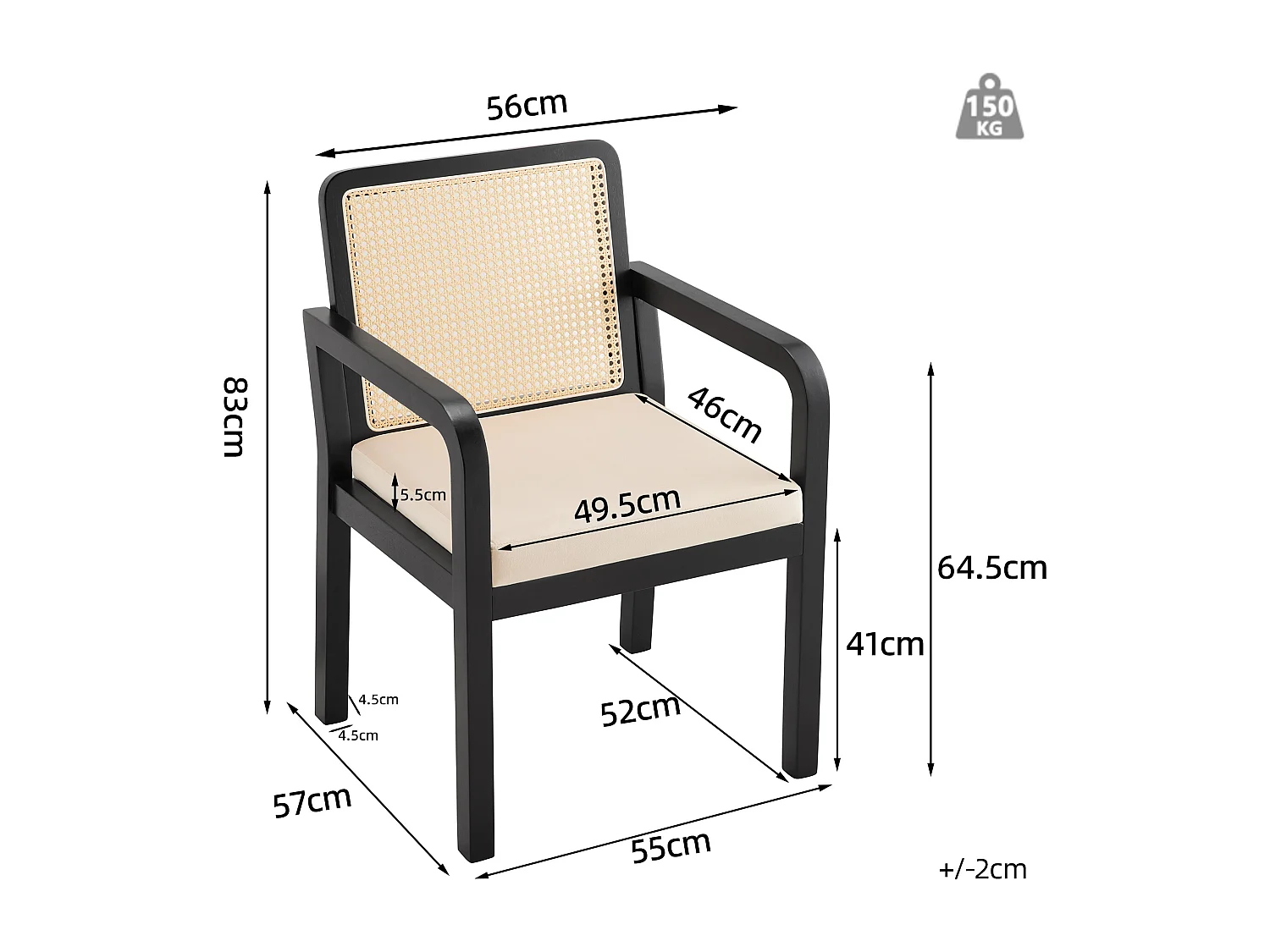 Lot de 4 chaises de salle à manger/de coiffeuse en velours - 56 x 57 x 83 cm - avec dossier en rotin - bois - noir