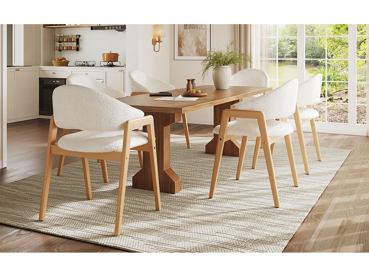 Lot de 6 chaises de salle à manger - 57.5 x 54.5 x 82.5 cm - Housse en fausse fourrure - bois - blanc