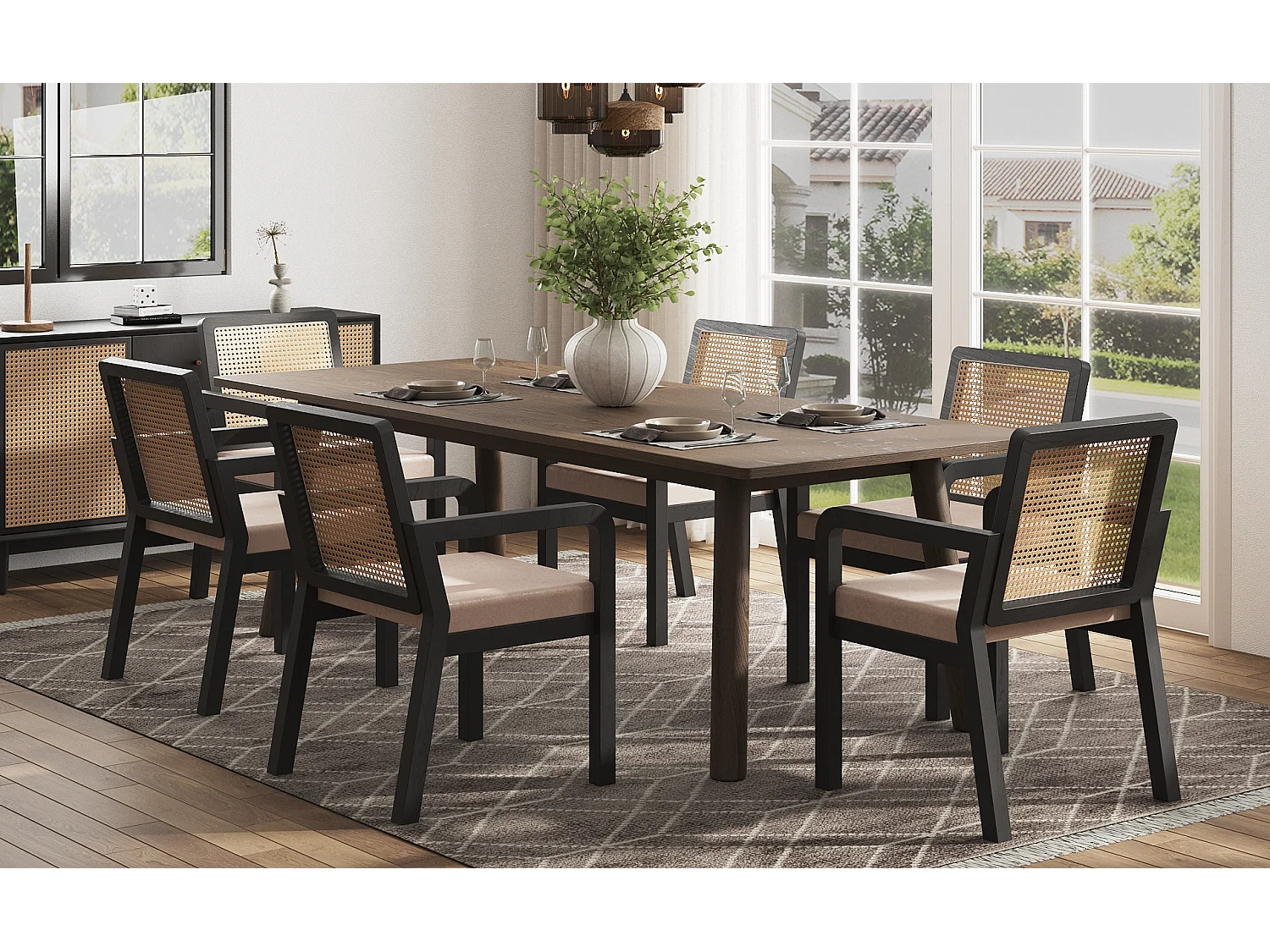 Lot de 6 chaises de salle à manger/de coiffeuse en velours - 56 x 57 x 83 cm - avec dossier en rotin - bois - noir