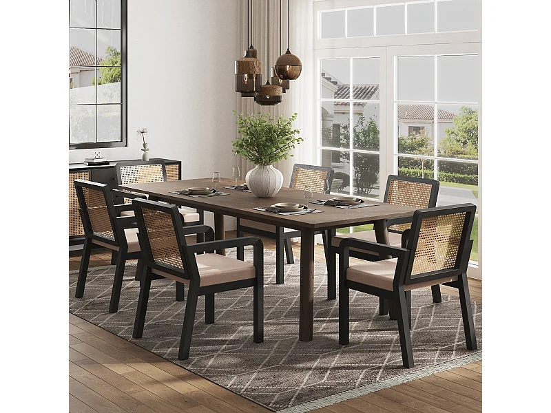 Lot de 6 chaises de salle à manger/de coiffeuse en velours - 56 x 57 x 83 cm - avec dossier en rotin - bois - noir