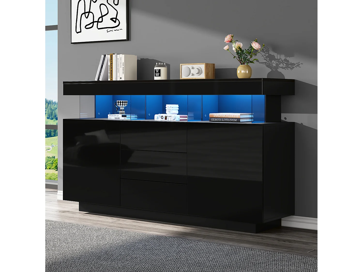 Buffet brillant moderne - 140 x 35 x 80 cm - avec Leds 16 couleurs + 3 tiroirs + 2 portes - aggloméré - noir