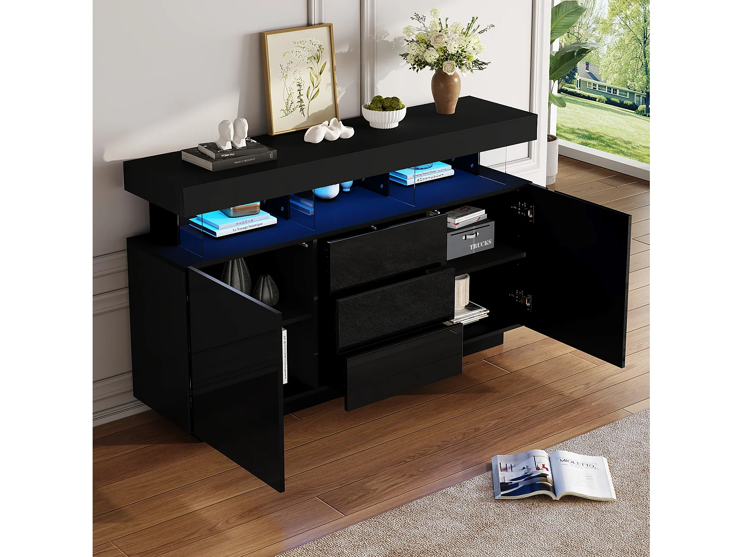 Buffet brillant moderne - 140 x 35 x 80 cm - avec Leds 16 couleurs + 3 tiroirs + 2 portes - aggloméré - noir