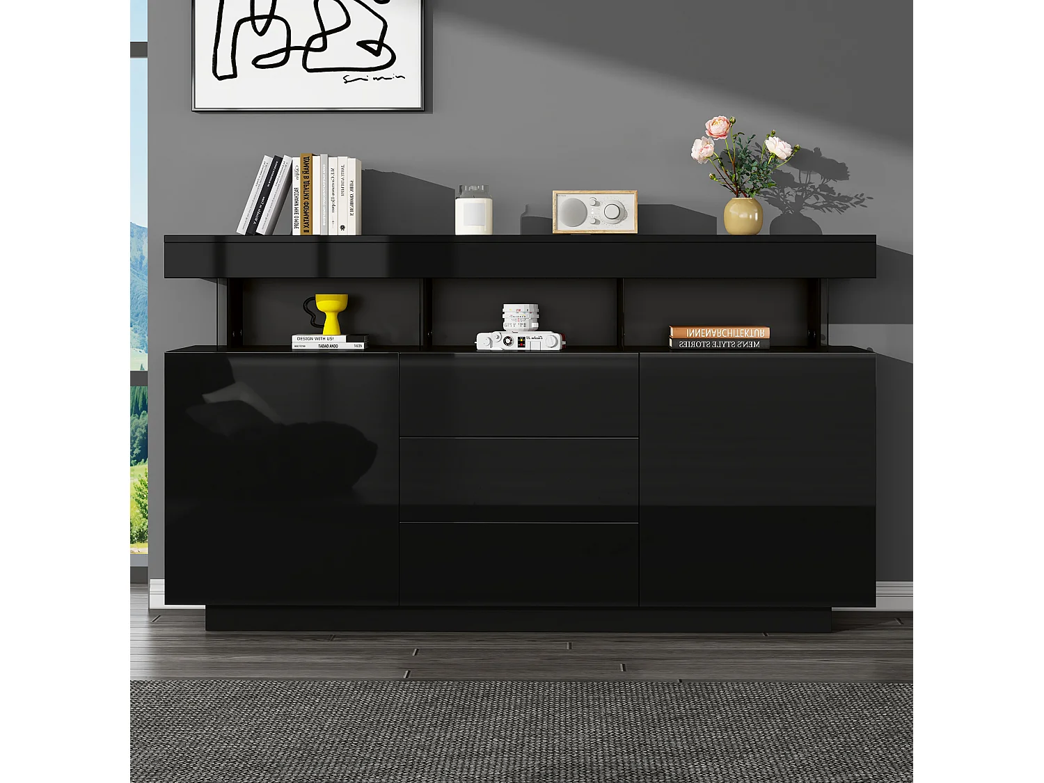 Buffet brillant moderne - 140 x 35 x 80 cm - avec Leds 16 couleurs + 3 tiroirs + 2 portes - aggloméré - noir