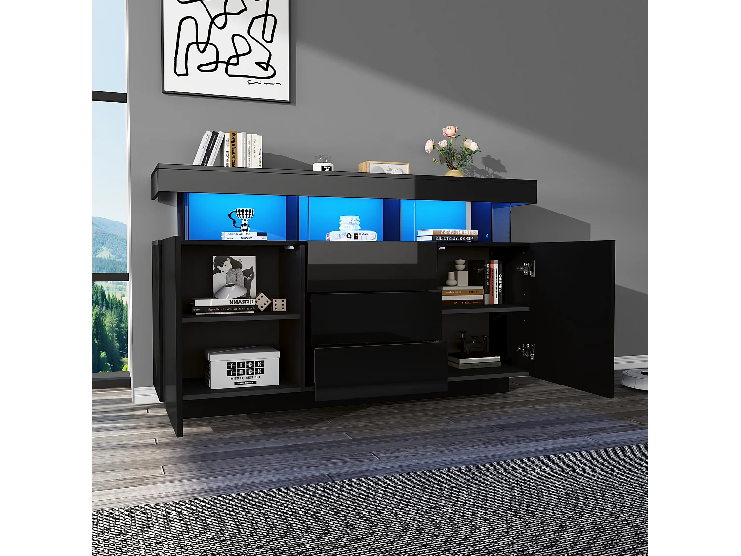 Buffet brillant moderne - 140 x 35 x 80 cm - avec Leds 16 couleurs + 3 tiroirs + 2 portes - aggloméré - noir