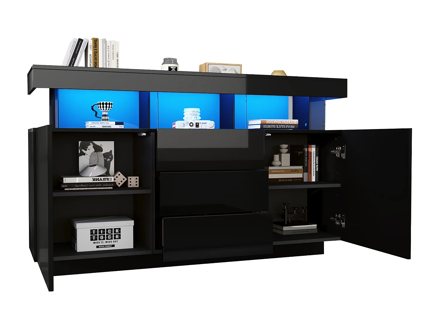 Buffet brillant moderne - 140 x 35 x 80 cm - avec Leds 16 couleurs + 3 tiroirs + 2 portes - aggloméré - noir