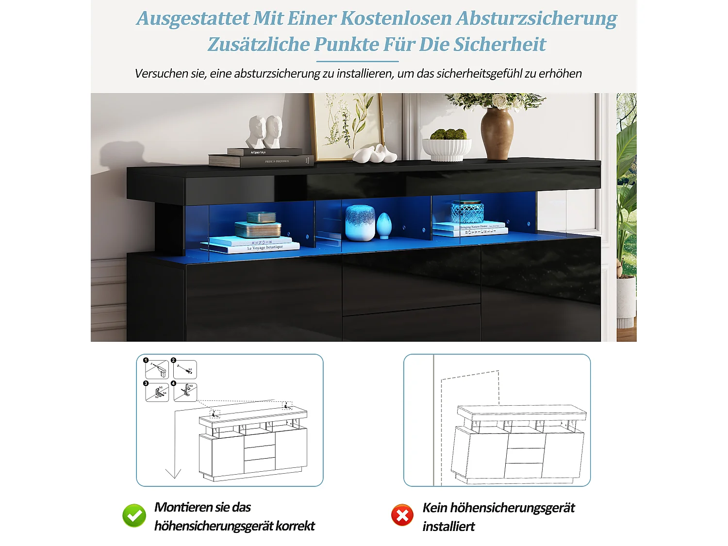 Buffet brillant moderne - 140 x 35 x 80 cm - avec Leds 16 couleurs + 3 tiroirs + 2 portes - aggloméré - noir