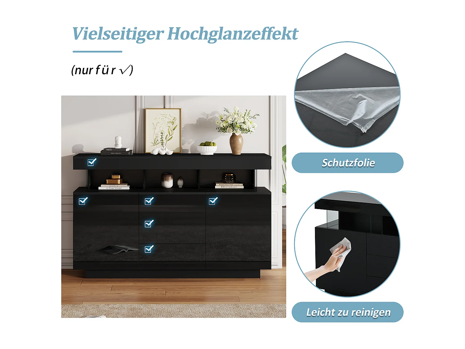 Buffet brillant moderne - 140 x 35 x 80 cm - avec Leds 16 couleurs + 3 tiroirs + 2 portes - aggloméré - noir