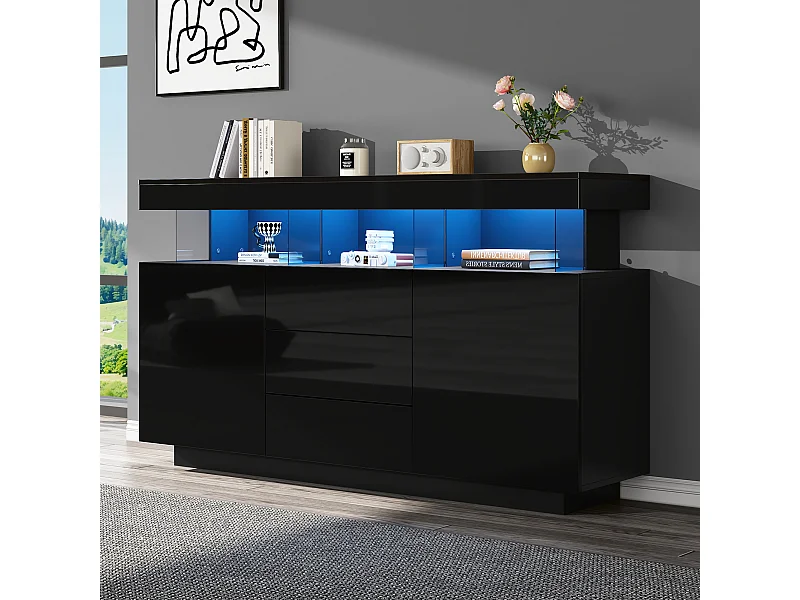 Buffet brillant moderne - 140 x 35 x 80 cm - avec Leds 16 couleurs + 3 tiroirs + 2 portes - aggloméré - noir