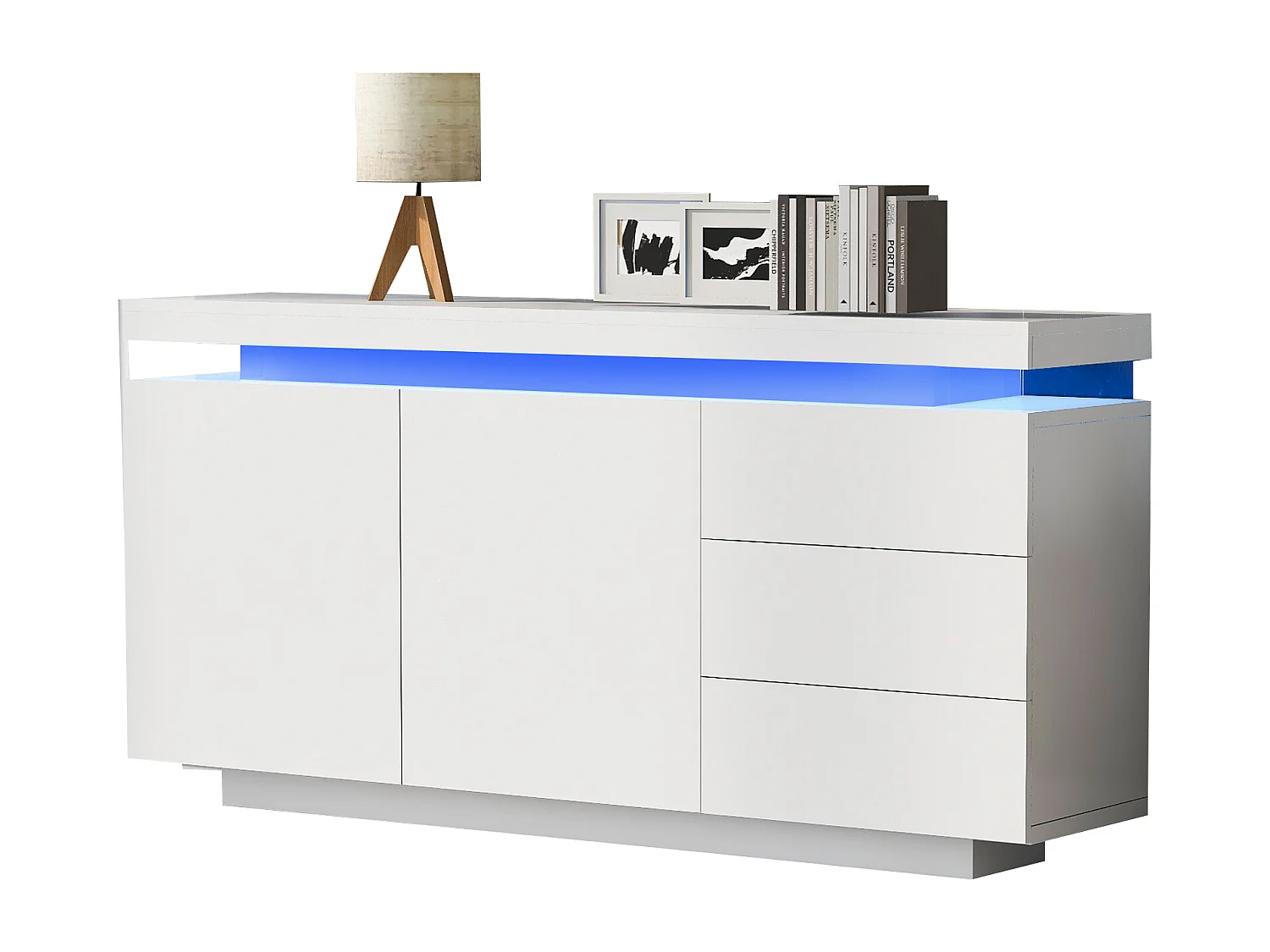 Modernes, hochglanzlackiertes Sideboard fürs Wohnzimmer – 140 x 38 x 72,5 cm – mit 2 Türen, 3 Schubladen und LED-Beleuchtung – Spanplatte – weiß