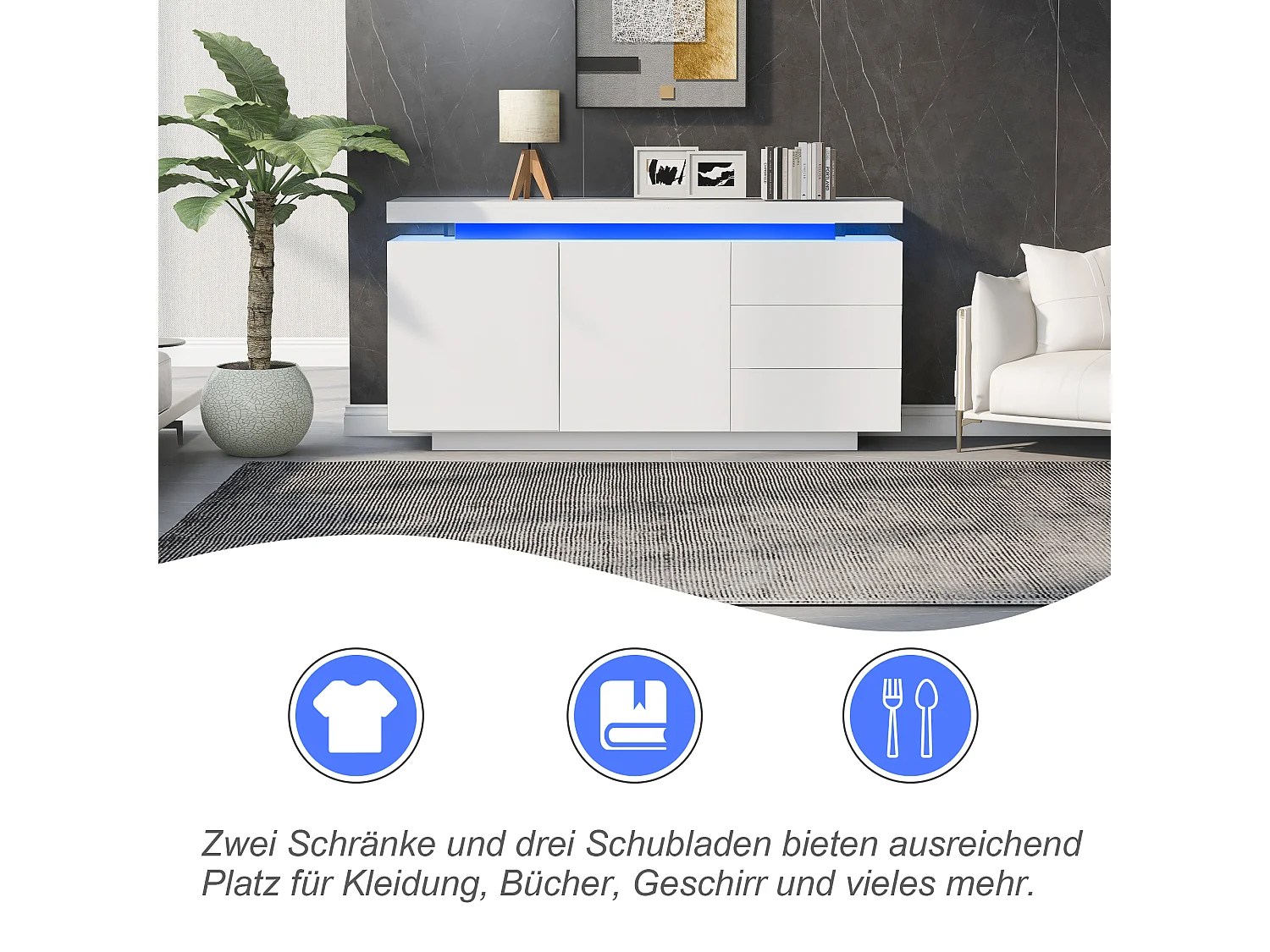 Modernes, hochglanzlackiertes Sideboard fürs Wohnzimmer – 140 x 38 x 72,5 cm – mit 2 Türen, 3 Schubladen und LED-Beleuchtung – Spanplatte – weiß