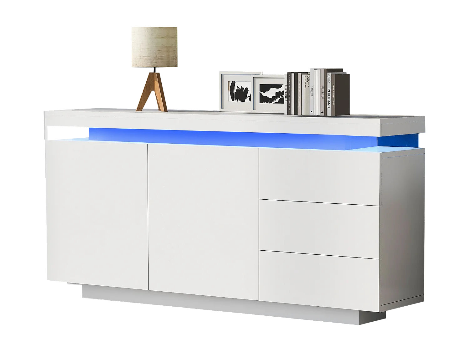 Buffet laqué brillant moderne pour salon - 140 x 38 x 72.5 cm - avec 2 portes + 3 tiroirs + Leds - ggloméré - blanc