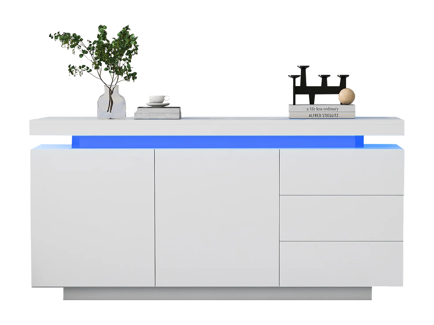 Buffet laqué brillant moderne pour salon - 140 x 38 x 72.5 cm - avec 2 portes + 3 tiroirs + Leds - ggloméré - blanc