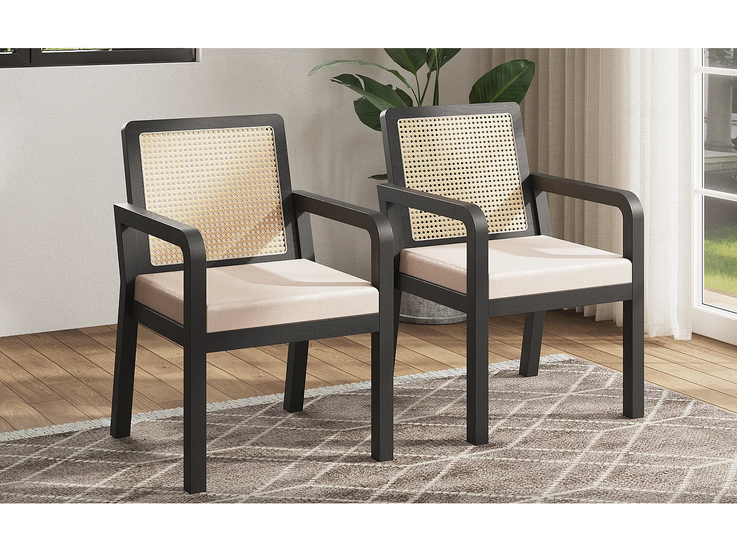 Lot de 2 chaises de salle à manger/de coiffeuse en velours - 56 x 57 x 83 cm - avec dossier en rotin - bois - noir