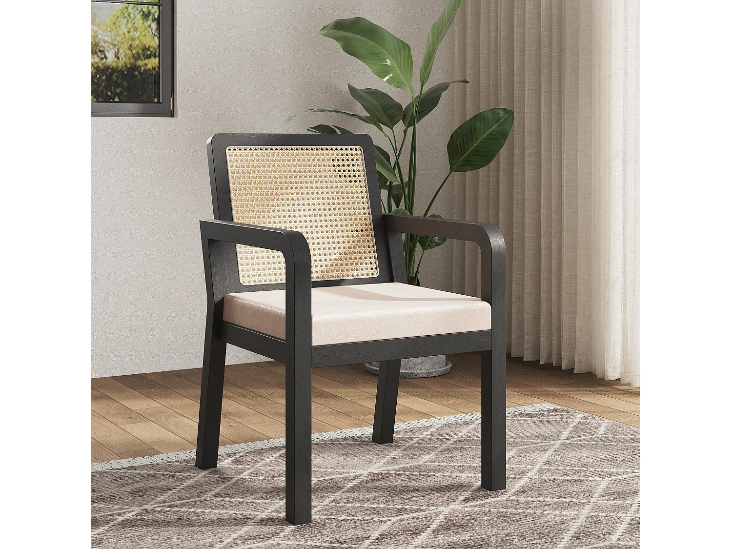 Lot de 2 chaises de salle à manger/de coiffeuse en velours - 56 x 57 x 83 cm - avec dossier en rotin - bois - noir