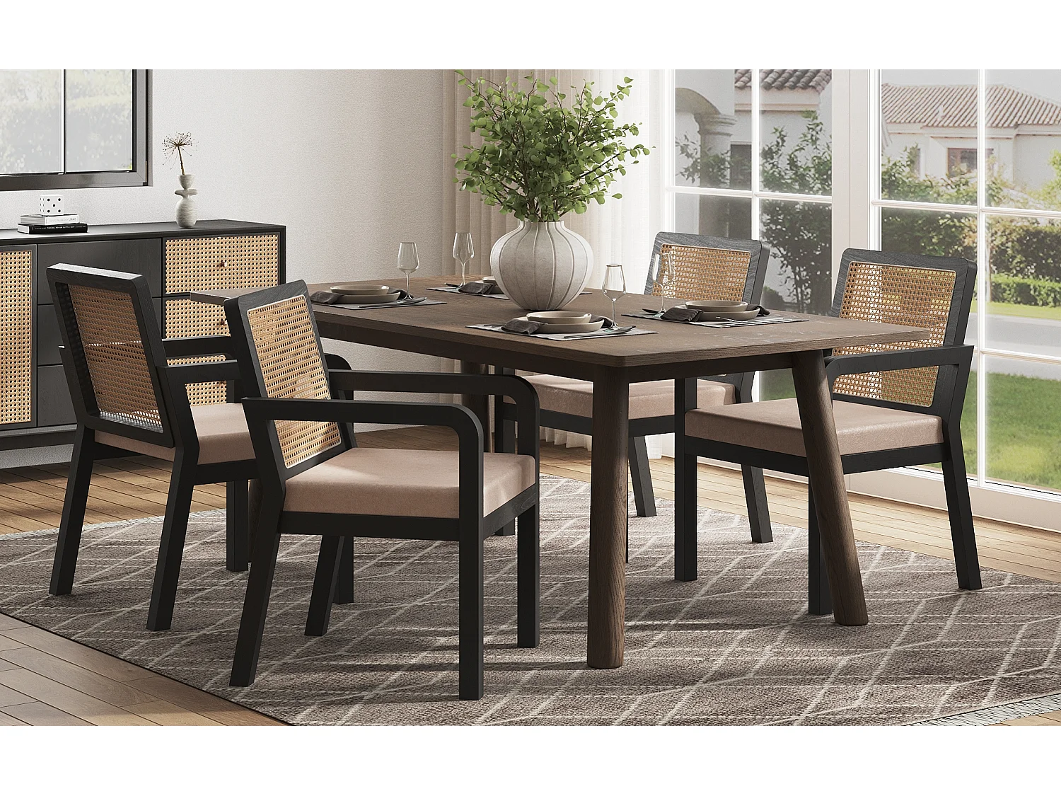 Lot de 2 chaises de salle à manger/de coiffeuse en velours - 56 x 57 x 83 cm - avec dossier en rotin - bois - noir