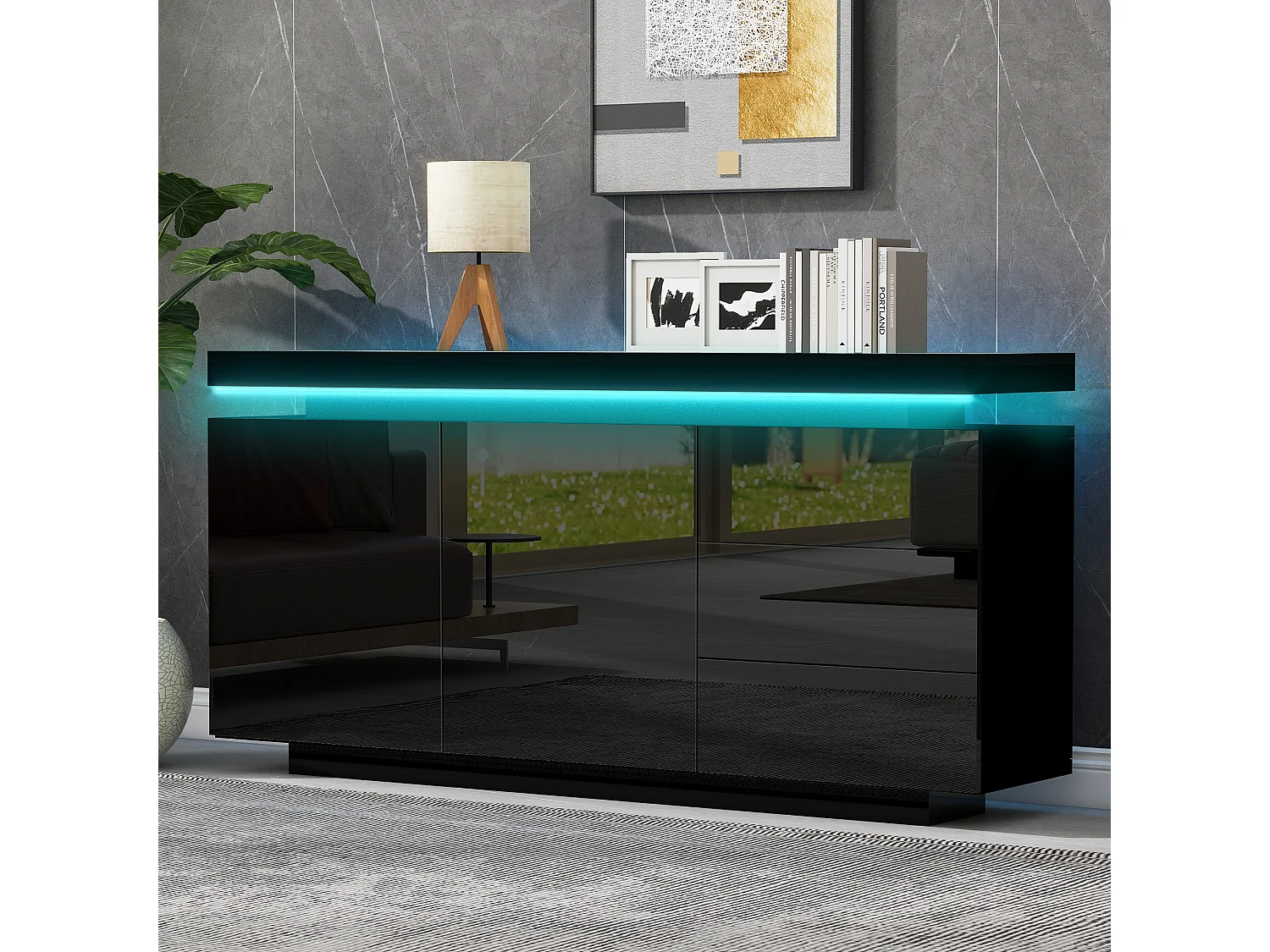 Modernes, hochglanzlackiertes Sideboard fürs Wohnzimmer – 140 x 38 x 72,5 cm – mit 2 Türen, 3 Schubladen und LED-Beleuchtung – Spanplatte – schwarz
