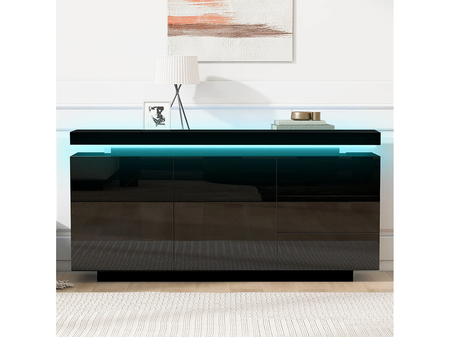 Modernes, hochglanzlackiertes Sideboard fürs Wohnzimmer – 140 x 38 x 72,5 cm – mit 2 Türen, 3 Schubladen und LED-Beleuchtung – Spanplatte – schwarz