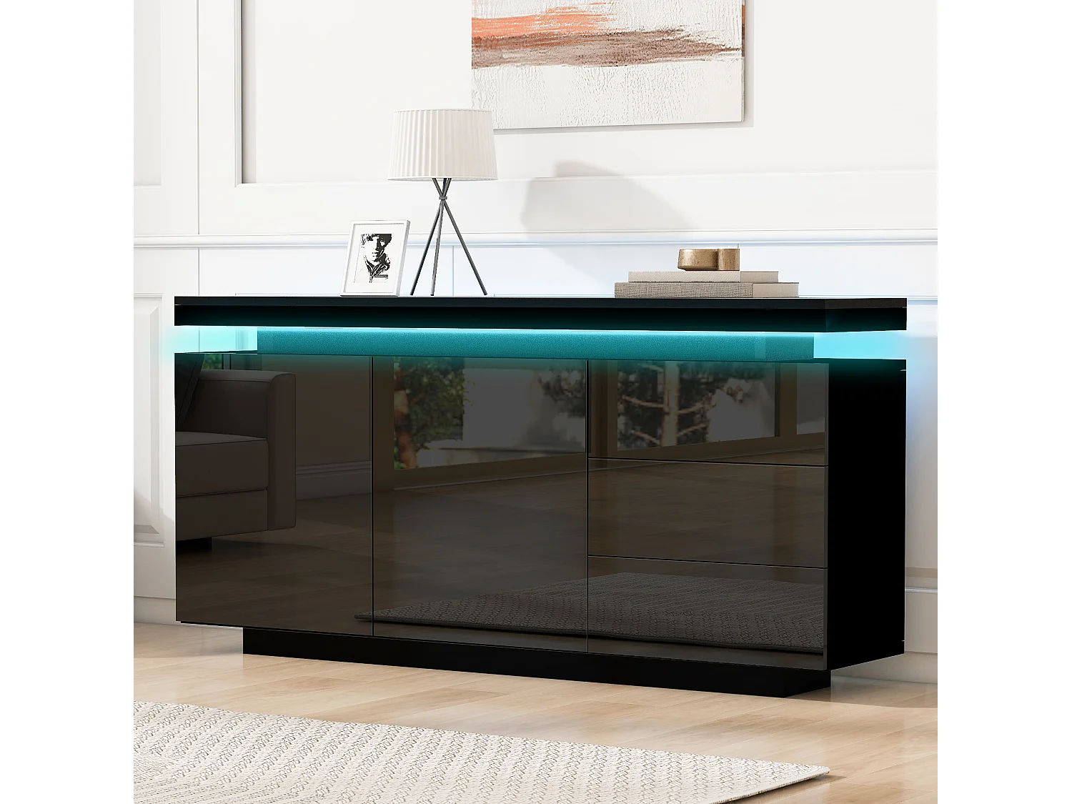 Modernes, hochglanzlackiertes Sideboard fürs Wohnzimmer – 140 x 38 x 72,5 cm – mit 2 Türen, 3 Schubladen und LED-Beleuchtung – Spanplatte – schwarz