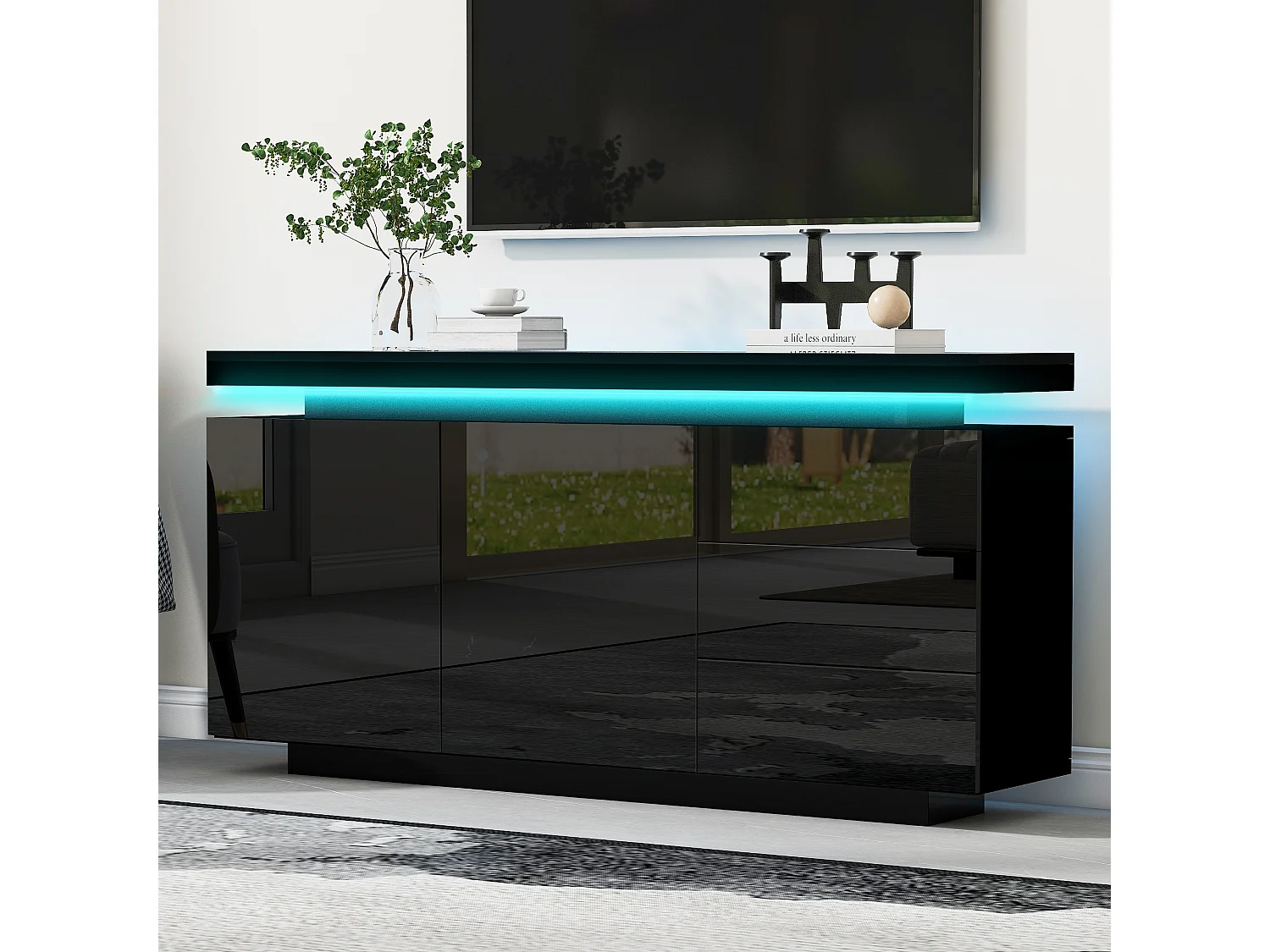 Modernes, hochglanzlackiertes Sideboard fürs Wohnzimmer – 140 x 38 x 72,5 cm – mit 2 Türen, 3 Schubladen und LED-Beleuchtung – Spanplatte – schwarz