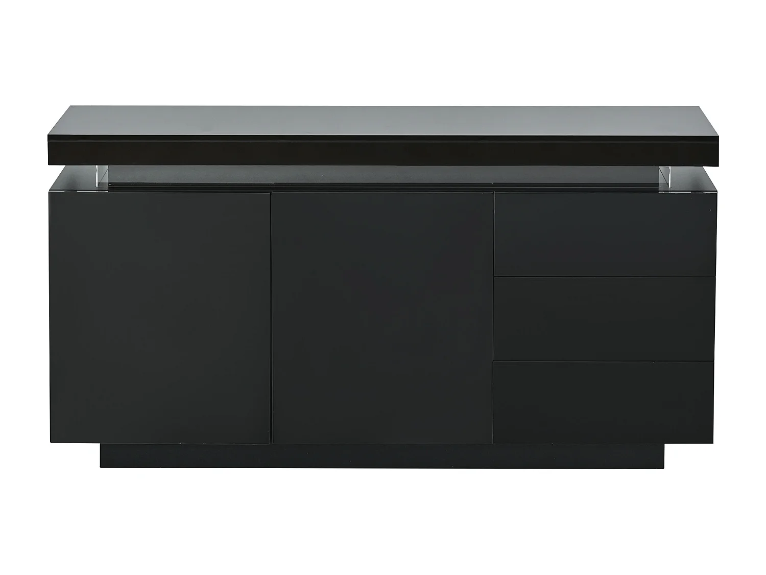 Modernes, hochglanzlackiertes Sideboard fürs Wohnzimmer – 140 x 38 x 72,5 cm – mit 2 Türen, 3 Schubladen und LED-Beleuchtung – Spanplatte – schwarz