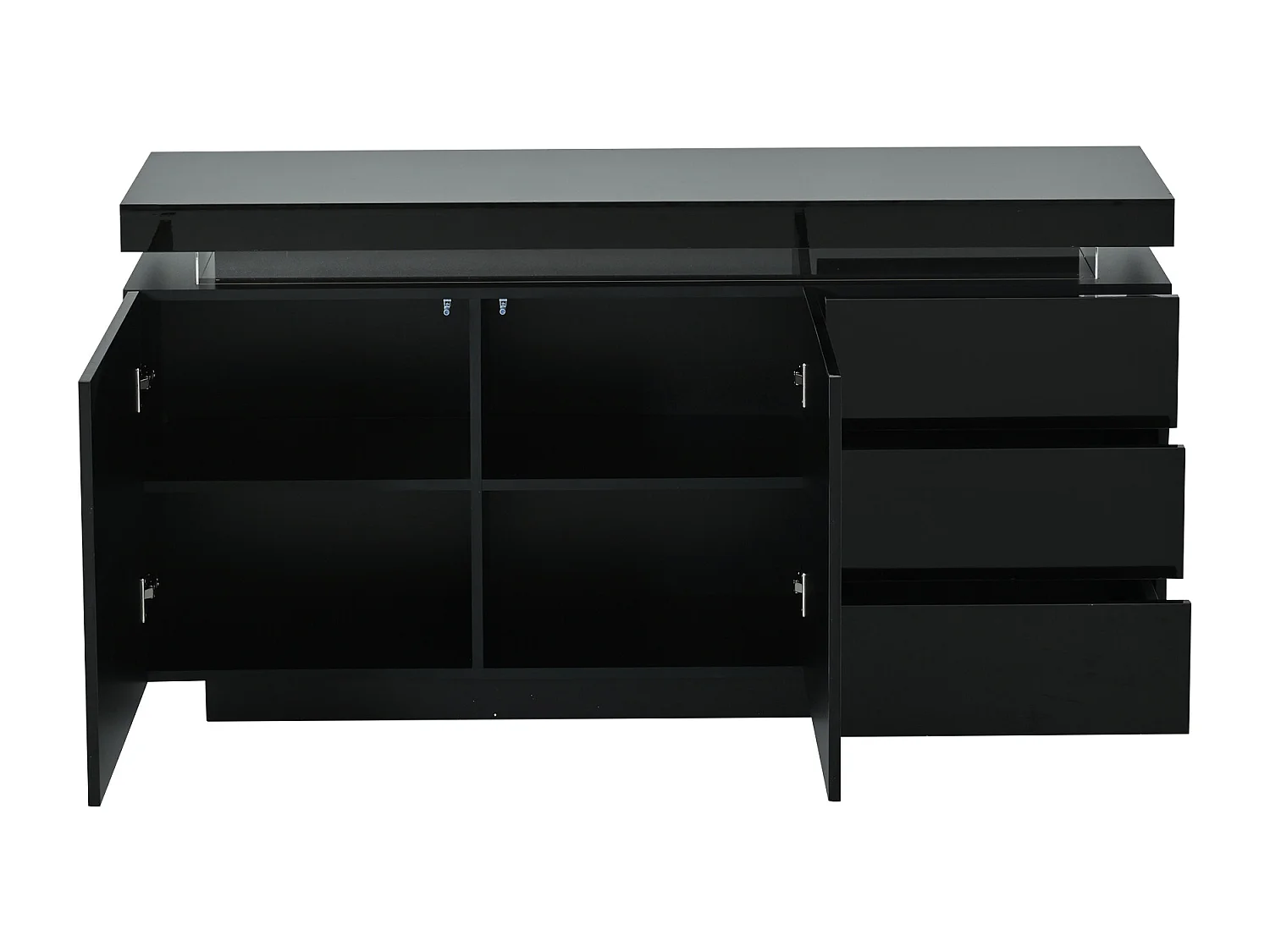 Modernes, hochglanzlackiertes Sideboard fürs Wohnzimmer – 140 x 38 x 72,5 cm – mit 2 Türen, 3 Schubladen und LED-Beleuchtung – Spanplatte – schwarz