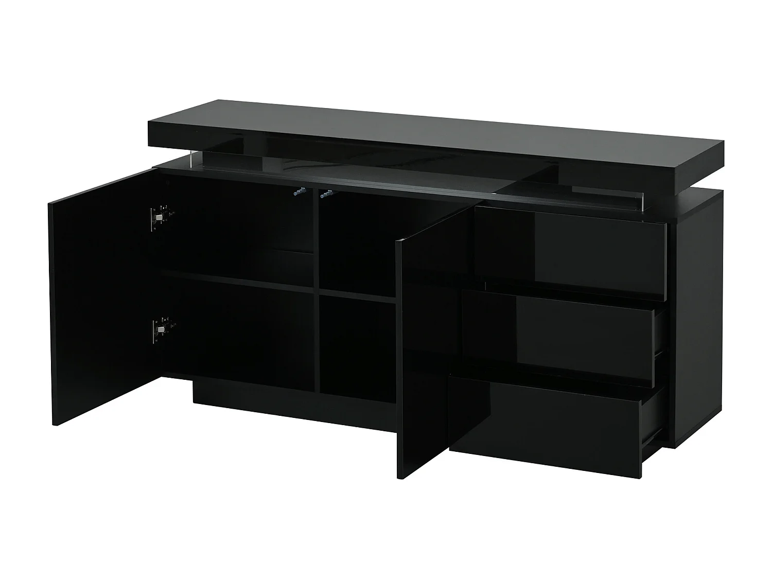 Modernes, hochglanzlackiertes Sideboard fürs Wohnzimmer – 140 x 38 x 72,5 cm – mit 2 Türen, 3 Schubladen und LED-Beleuchtung – Spanplatte – schwarz