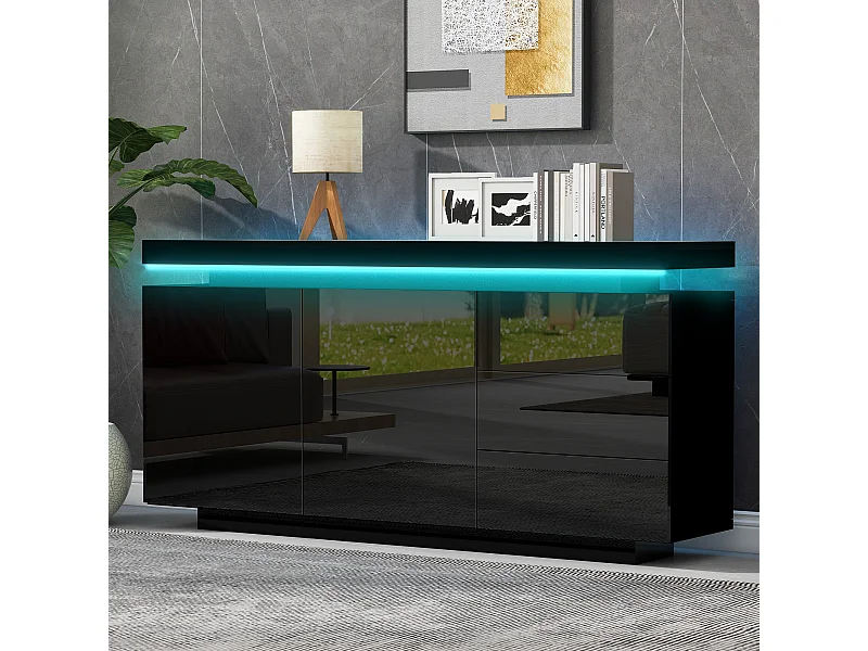 Buffet laqué brillant moderne pour salon - 140 x 38 x 72.5 cm - avec 2 portes + 3 tiroirs + Leds - ggloméré - noir