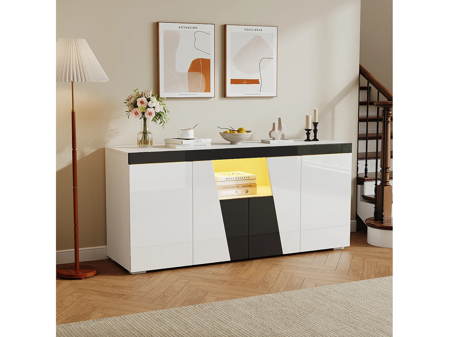 Buffet de salon - 140 x 40 x 65 cm - avec 4 portes + Leds - aggloméré - blanc