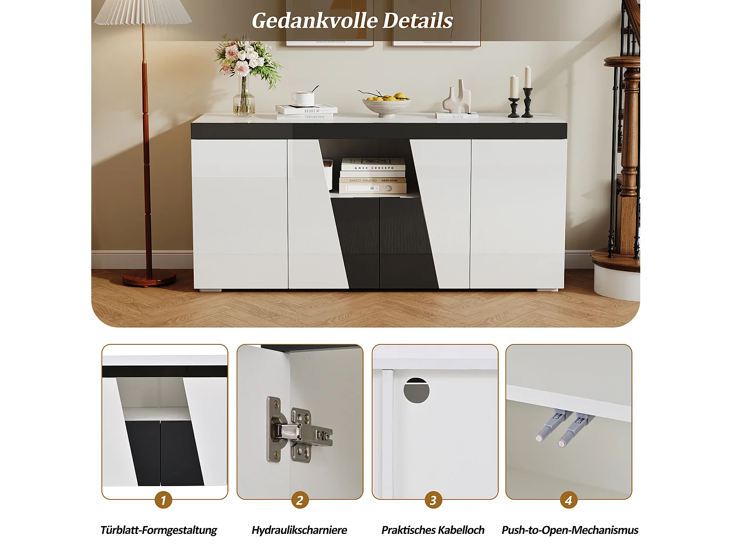 Buffet de salon - 140 x 40 x 65 cm - avec 4 portes + Leds - aggloméré - blanc