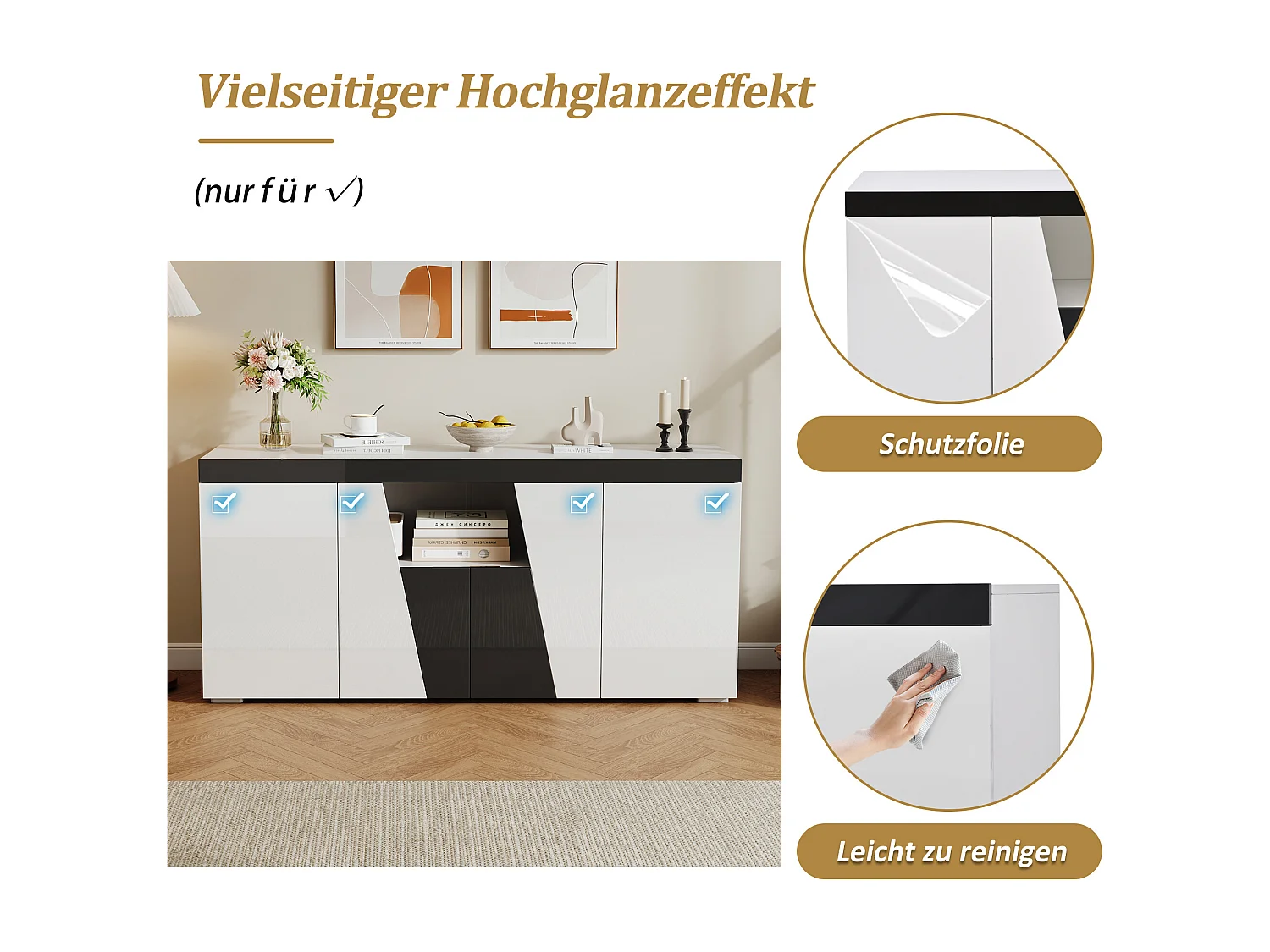 Buffet de salon - 140 x 40 x 65 cm - avec 4 portes + Leds - aggloméré - blanc