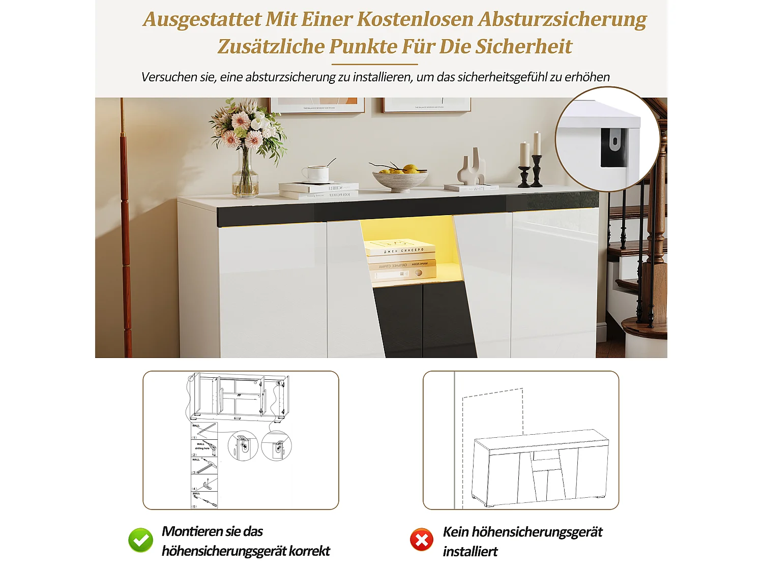 Buffet de salon - 140 x 40 x 65 cm - avec 4 portes + Leds - aggloméré - blanc