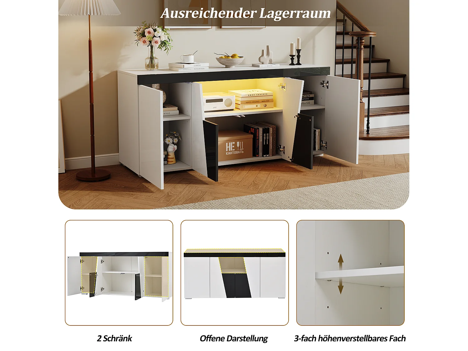 Buffet de salon - 140 x 40 x 65 cm - avec 4 portes + Leds - aggloméré - blanc