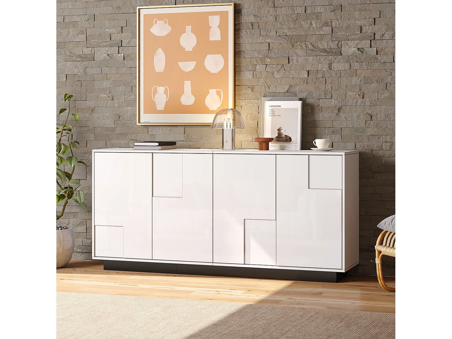 Buffet de salon laqué brillant - 160 x 37 x 75.5 cm - avec 4 portes - aggloméré - blanc