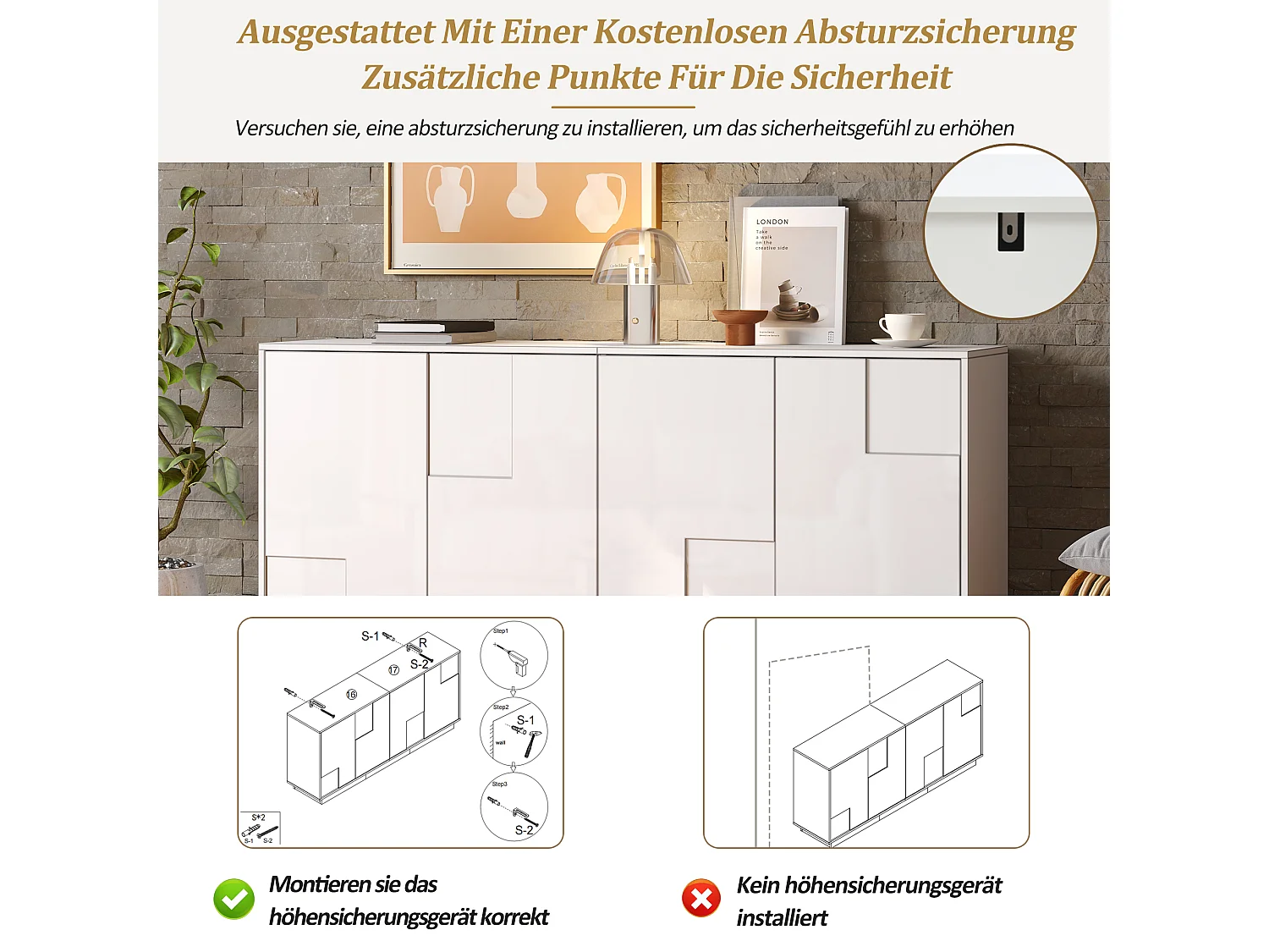 Buffet de salon laqué brillant - 160 x 37 x 75.5 cm - avec 4 portes - aggloméré - blanc