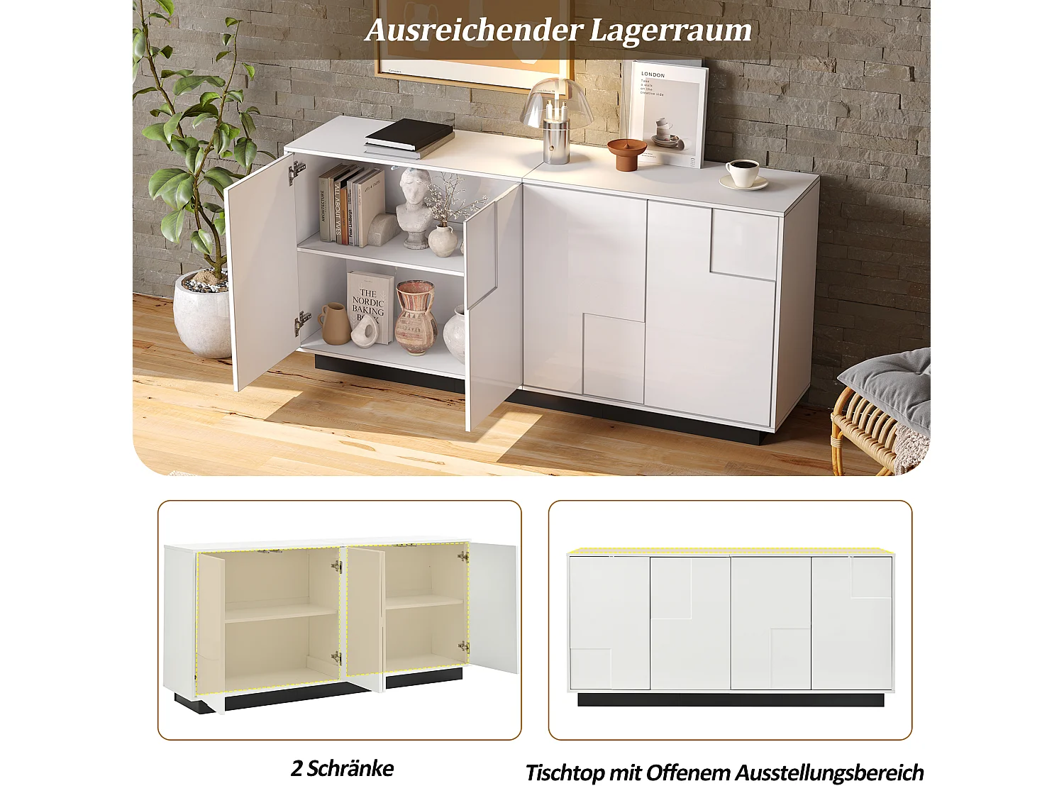 Buffet de salon laqué brillant - 160 x 37 x 75.5 cm - avec 4 portes - aggloméré - blanc