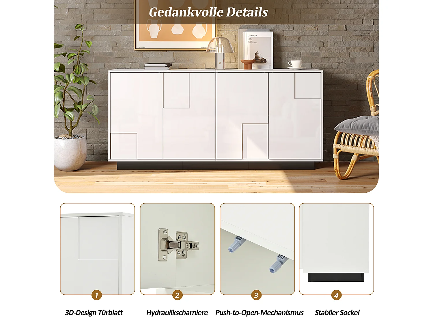 Buffet de salon laqué brillant - 160 x 37 x 75.5 cm - avec 4 portes - aggloméré - blanc