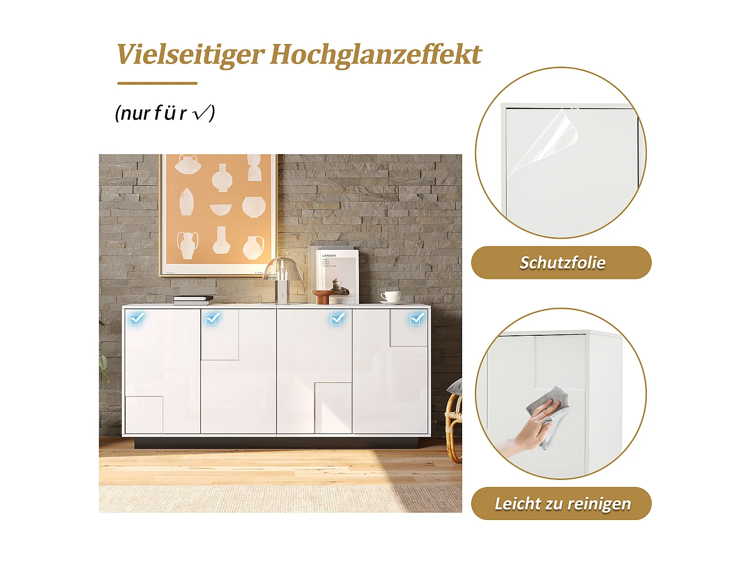 Buffet de salon laqué brillant - 160 x 37 x 75.5 cm - avec 4 portes - aggloméré - blanc