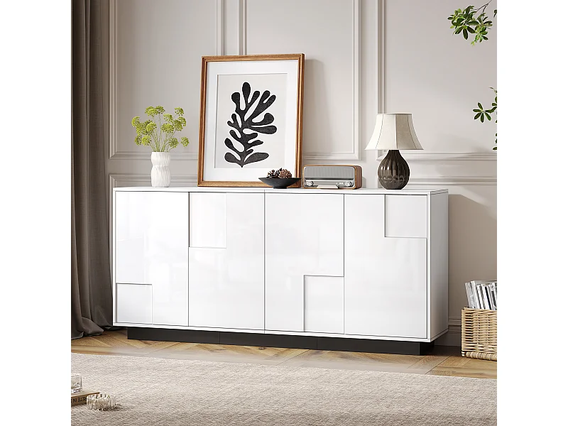 Buffet de salon laqué brillant - 160 x 37 x 75.5 cm - avec 4 portes - aggloméré - blanc