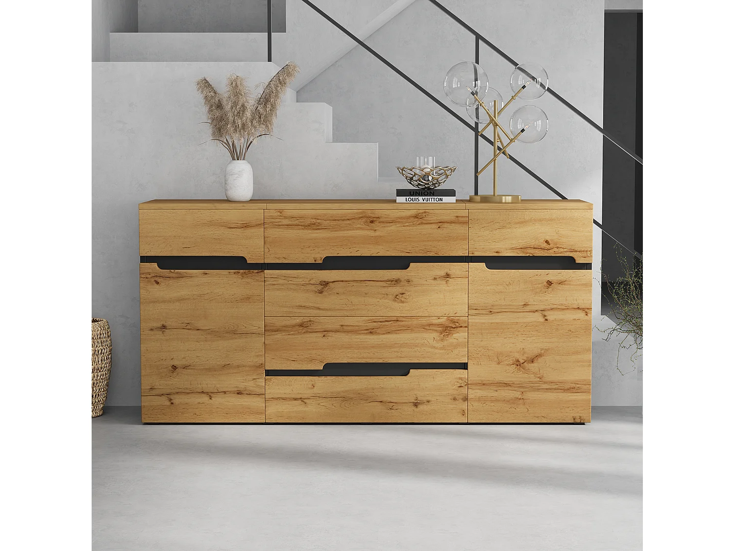 Buffet de salon - 160 x 40 x 80 cm - avec 2 portes + 4 tiroirs - aggloméré - noir + naturel