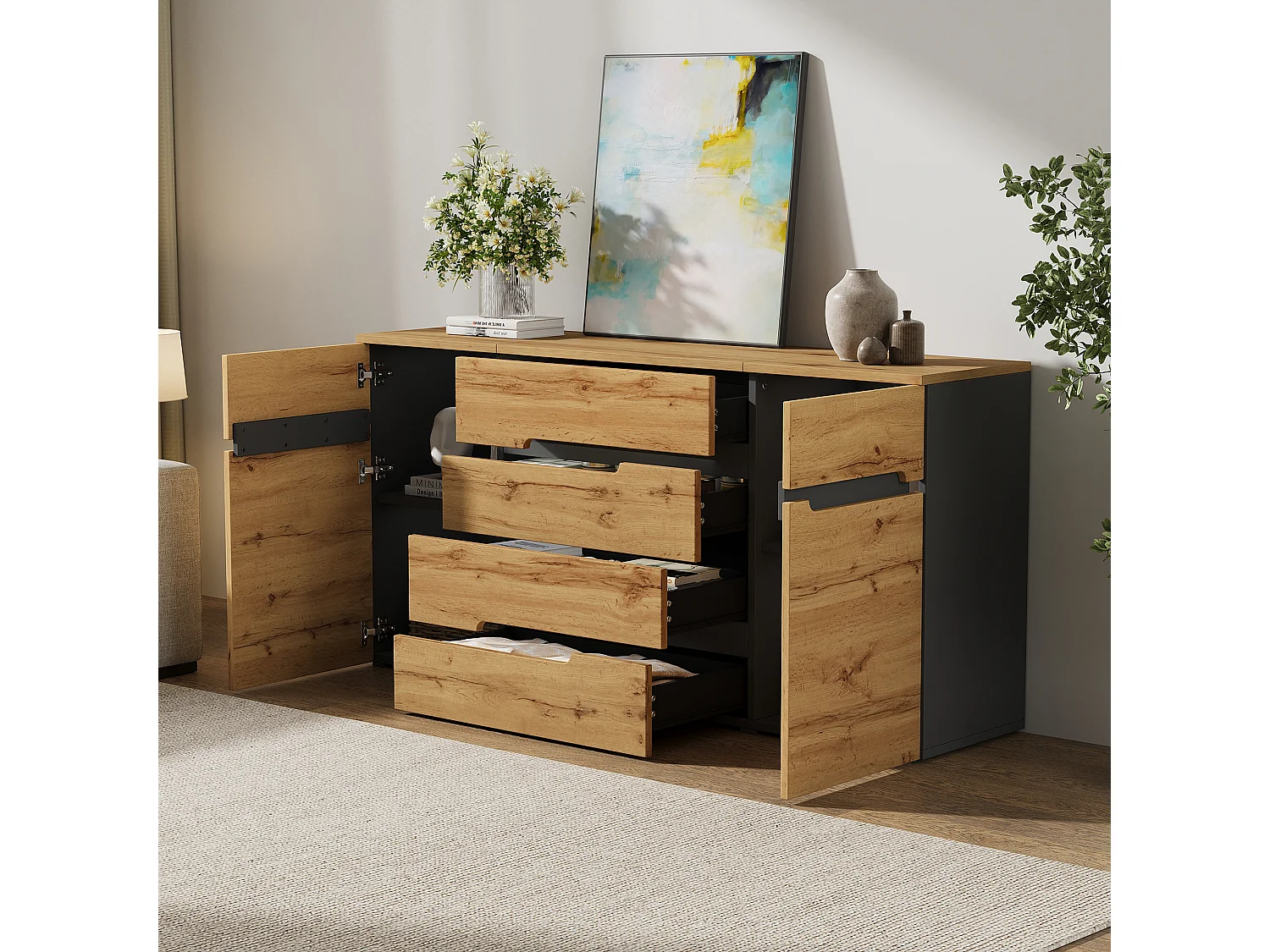 Buffet de salon - 160 x 40 x 80 cm - avec 2 portes + 4 tiroirs - aggloméré - noir + naturel