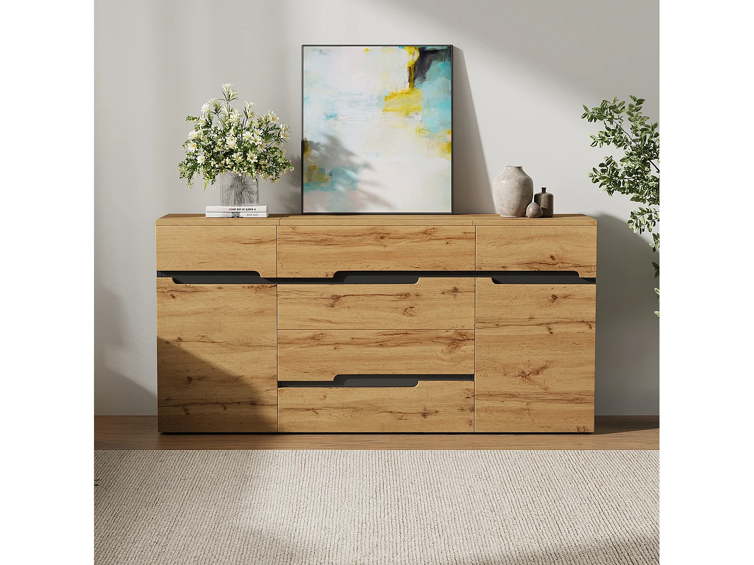 Buffet de salon - 160 x 40 x 80 cm - avec 2 portes + 4 tiroirs - aggloméré - noir + naturel