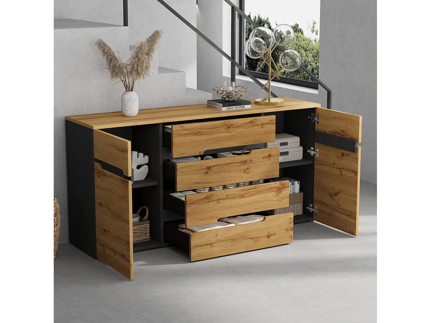 Buffet de salon - 160 x 40 x 80 cm - avec 2 portes + 4 tiroirs - aggloméré - noir + naturel