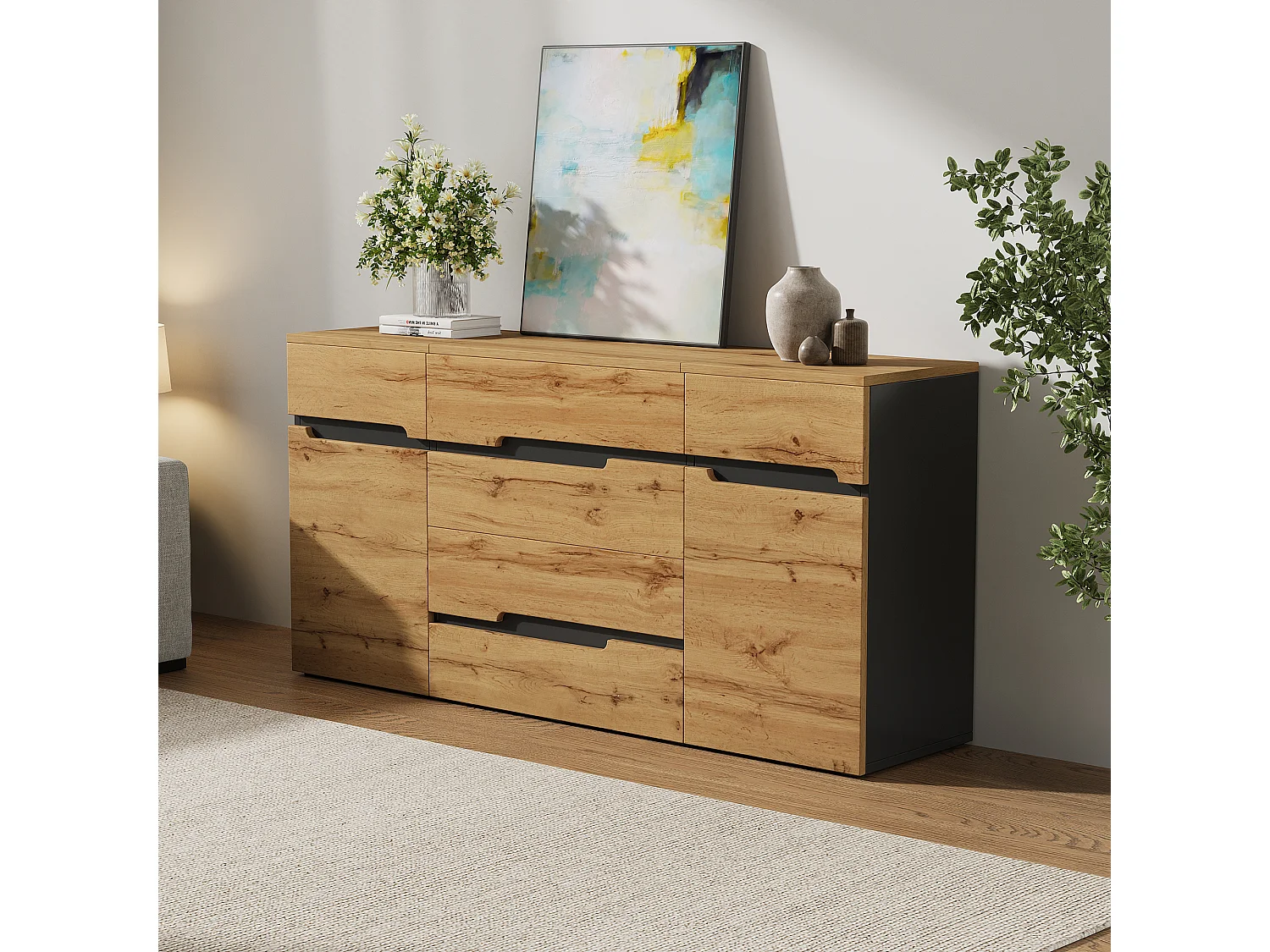 Buffet de salon - 160 x 40 x 80 cm - avec 2 portes + 4 tiroirs - aggloméré - noir + naturel