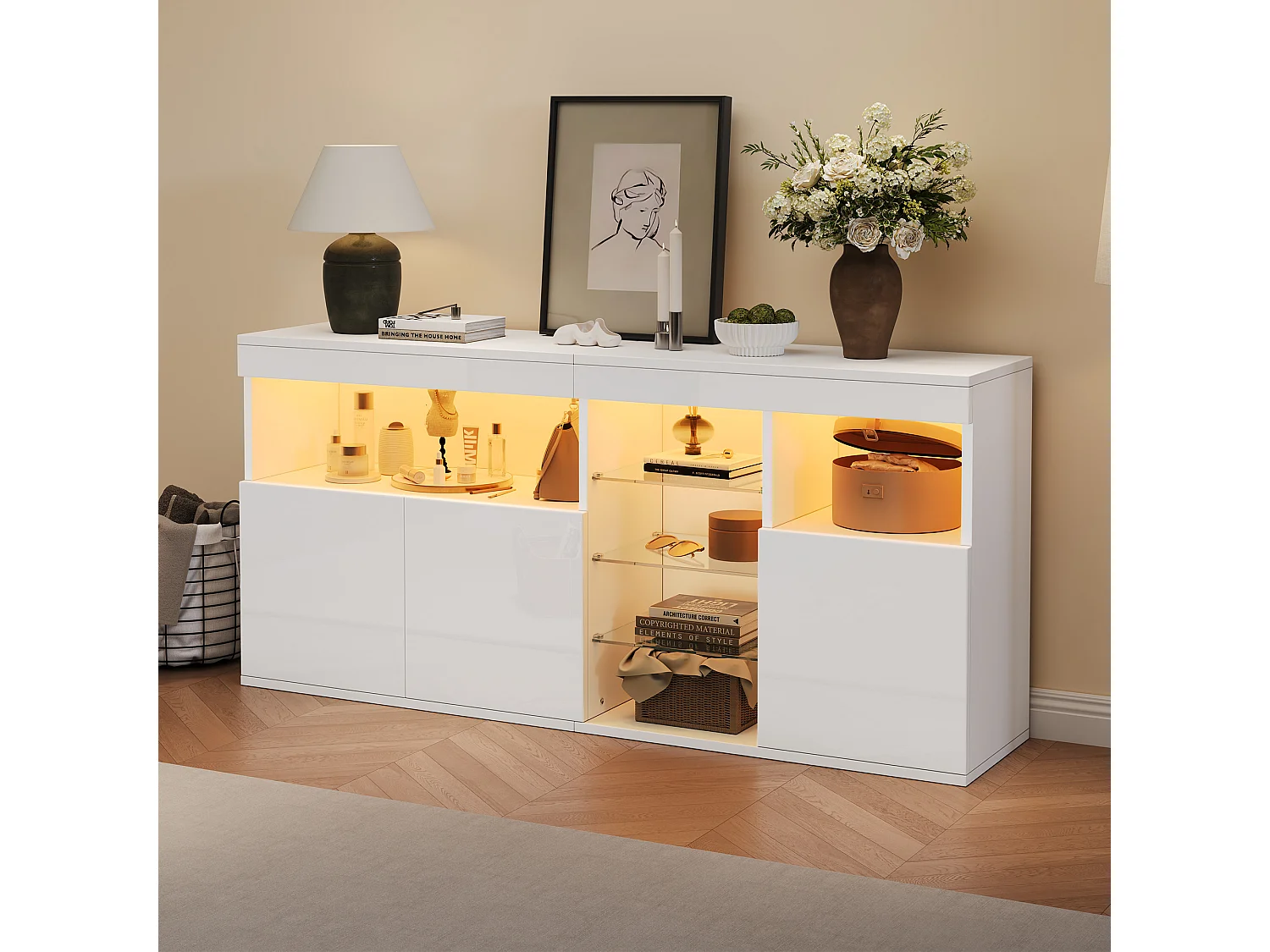 Buffet de salon laquée brillante - 155.5 x 35 x 72 cm - avec Leds + 3 portes + 3 compartiments vitrés - aggloméré - blanc