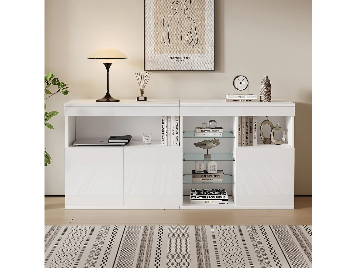 Buffet de salon laquée brillante - 155.5 x 35 x 72 cm - avec Leds + 3 portes + 3 compartiments vitrés - aggloméré - blanc