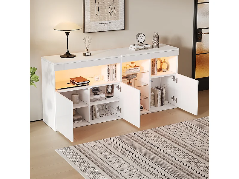 Buffet de salon laquée brillante - 155.5 x 35 x 72 cm - avec Leds + 3 portes + 3 compartiments vitrés - aggloméré - blanc
