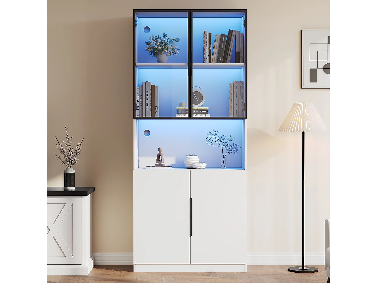 Moderne Vitrine mit Glastüren – 80 x 30 x 200 cm – mit LED-Beleuchtung und Einlegeboden – Spanplatte – weiß